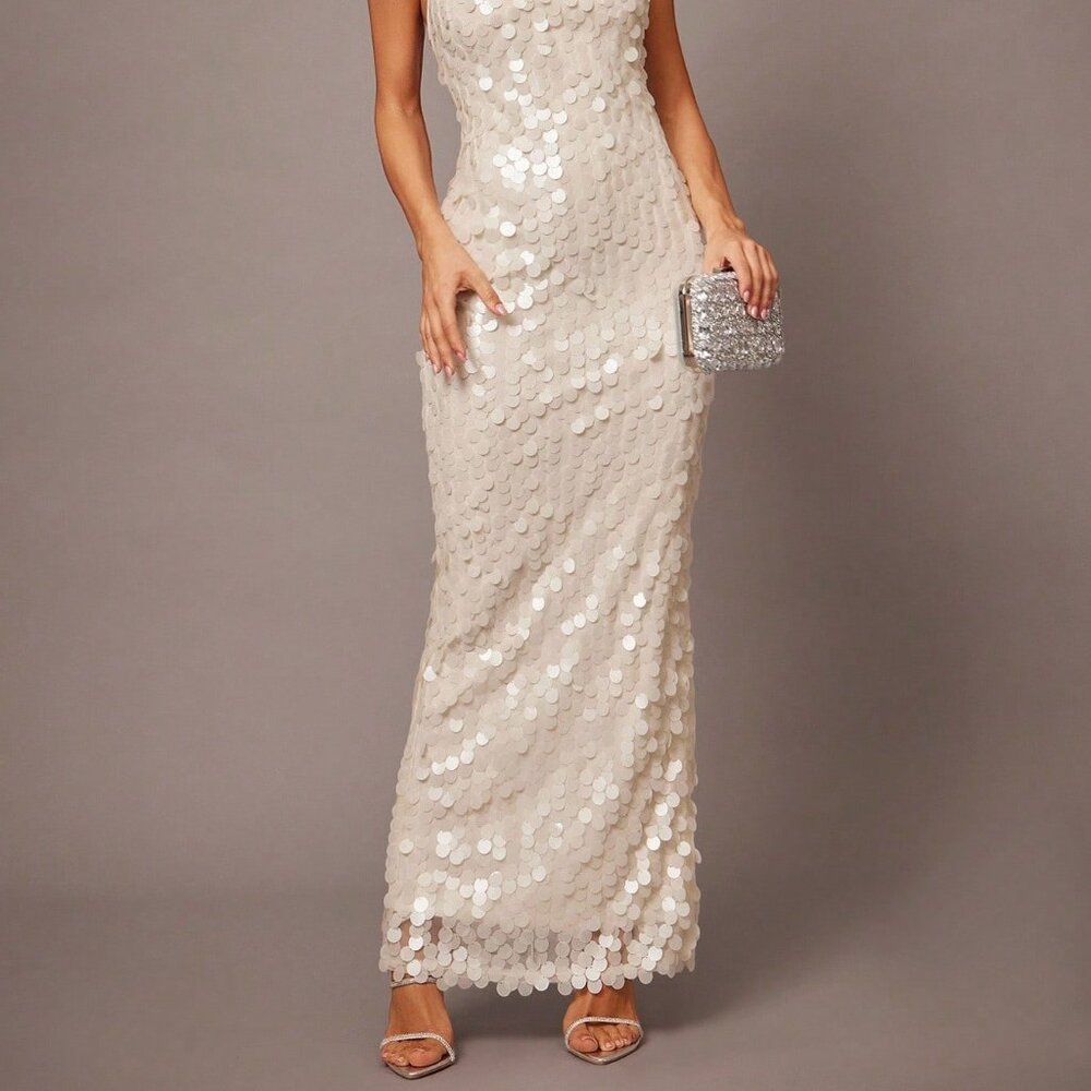 White Sequin Spaghetti Strap Women's Cocktail Dress - Picture 3 of 7